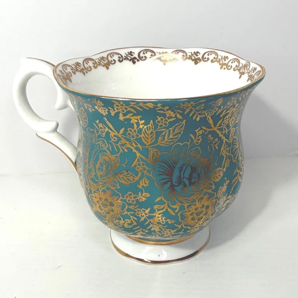 Crown Staffordshire England Creamer Pitcher Teal Gold Floral Fine Bone China